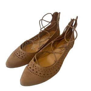 Report Tan Laser Cut Deigned Pointed Toe Flats w/ Elastic Straps in Ladies 7.